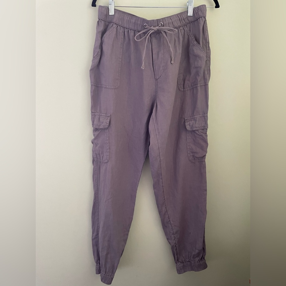 Womens 100% Linen Cargo Joggers Pants Gray 16” waist